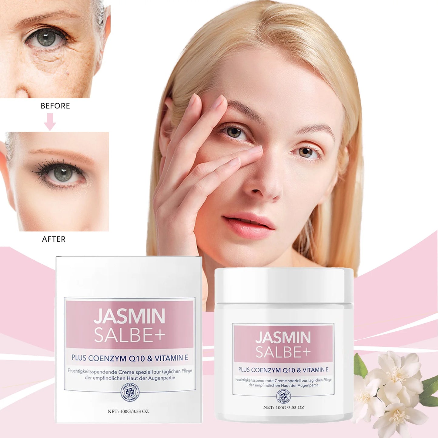 Crema para ojos antiarrugas con jazmín, elimina bolsas, ojeras, hinchazón, líneas finas, reafirma, hidrata