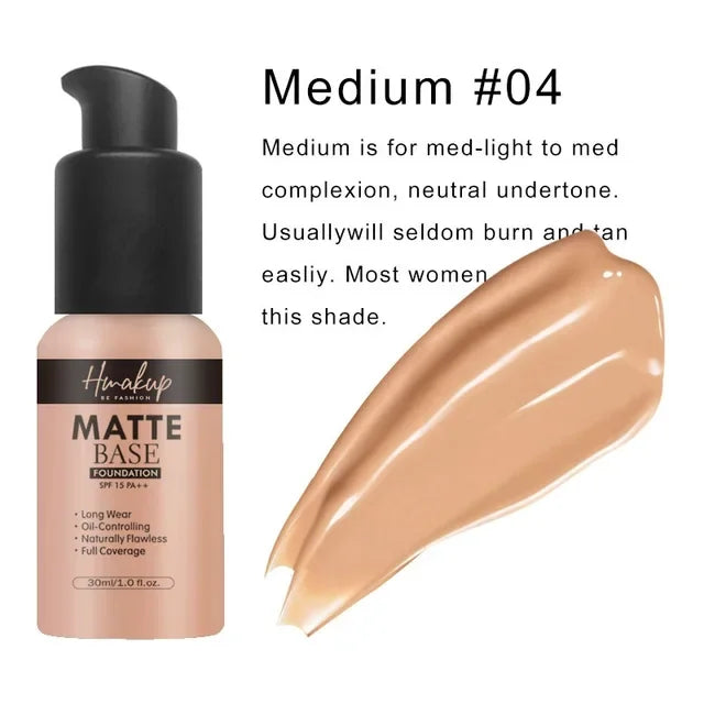 Base de maquillaje líquida mate, corrector natural, control de aceite, resistente al agua, duradera con cobertura total