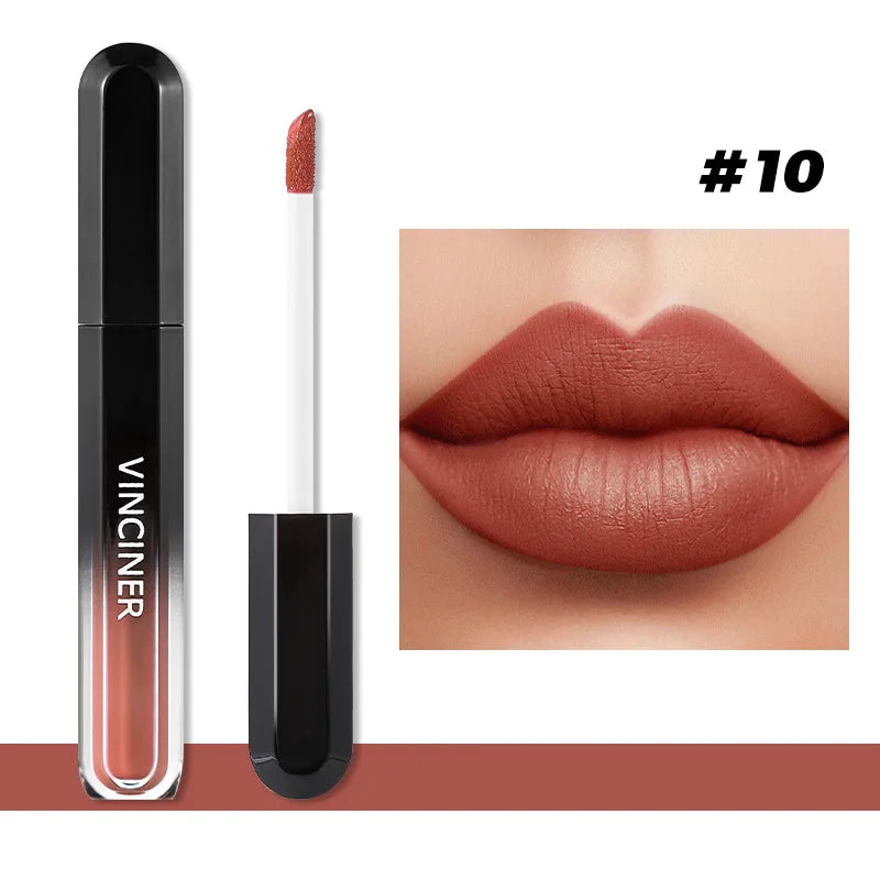 Brillo labial mate con textura aterciopelada, resistente al agua, duradero, no se decolora, fácil de aplicar