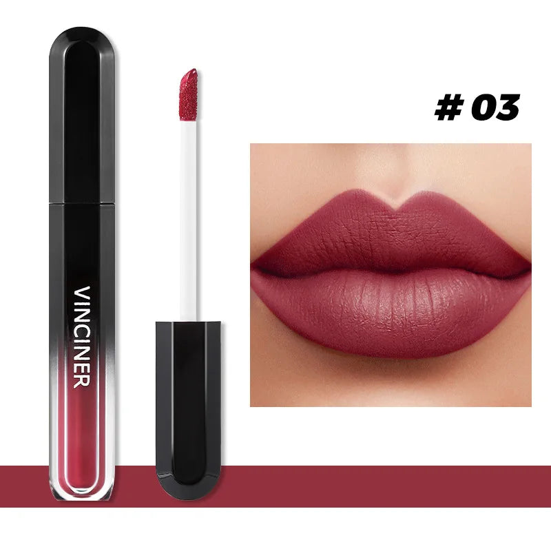 Brillo labial mate con textura aterciopelada, resistente al agua, duradero, no se decolora, fácil de aplicar