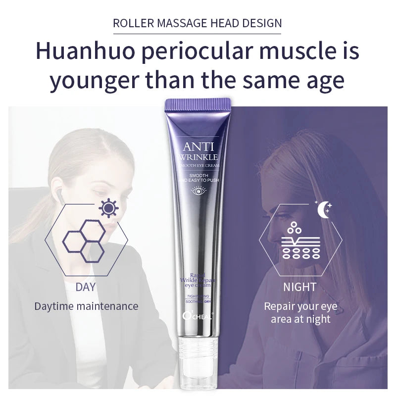 Crema antiarrugas hidratante para ojos, antiojeras con rodillo masajeador y ácido hialurónico