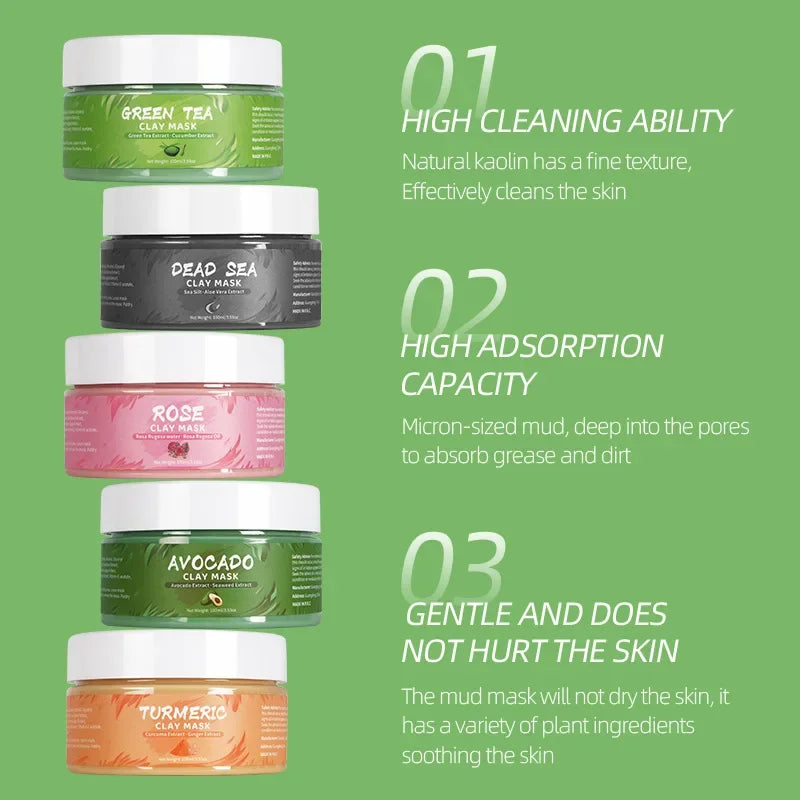 Mascarilla facial de barro con cúrcuma, té verde, rosa y aguacate, hidrata y elimina puntos negros