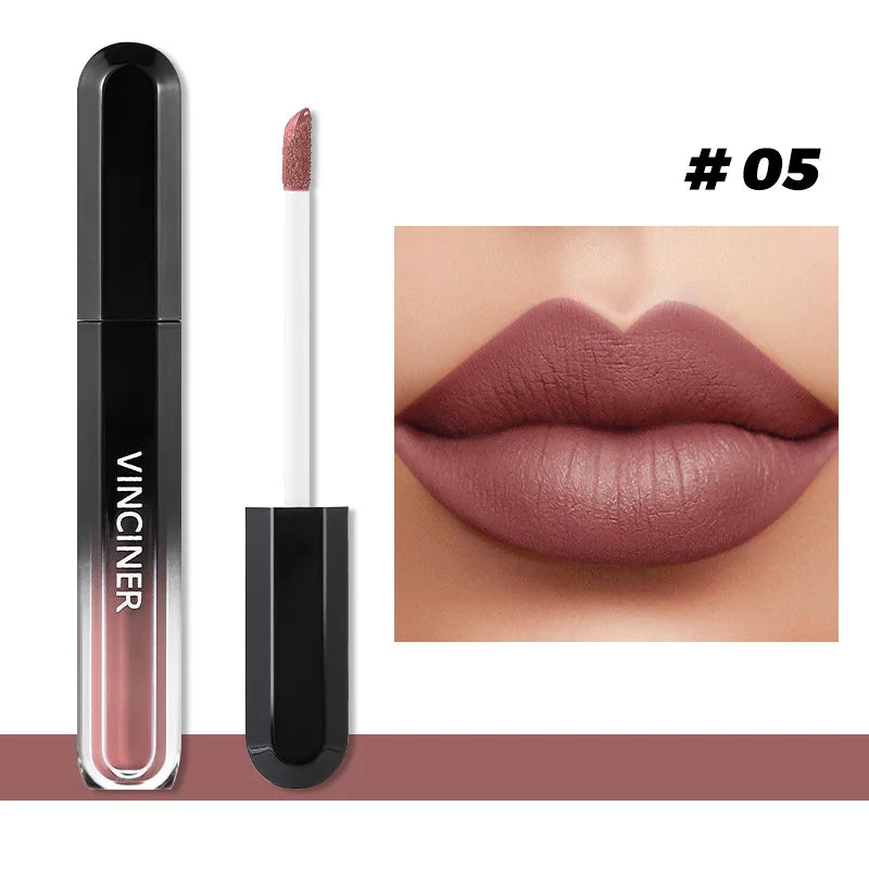 Brillo labial mate con textura aterciopelada, resistente al agua, duradero, no se decolora, fácil de aplicar