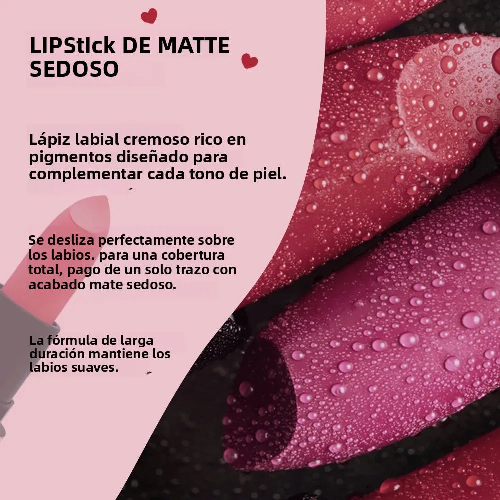 Pintalabios con tonos aterciopelados y suave de larga duración, pigmento intenso, resistente al agua, antiadherente