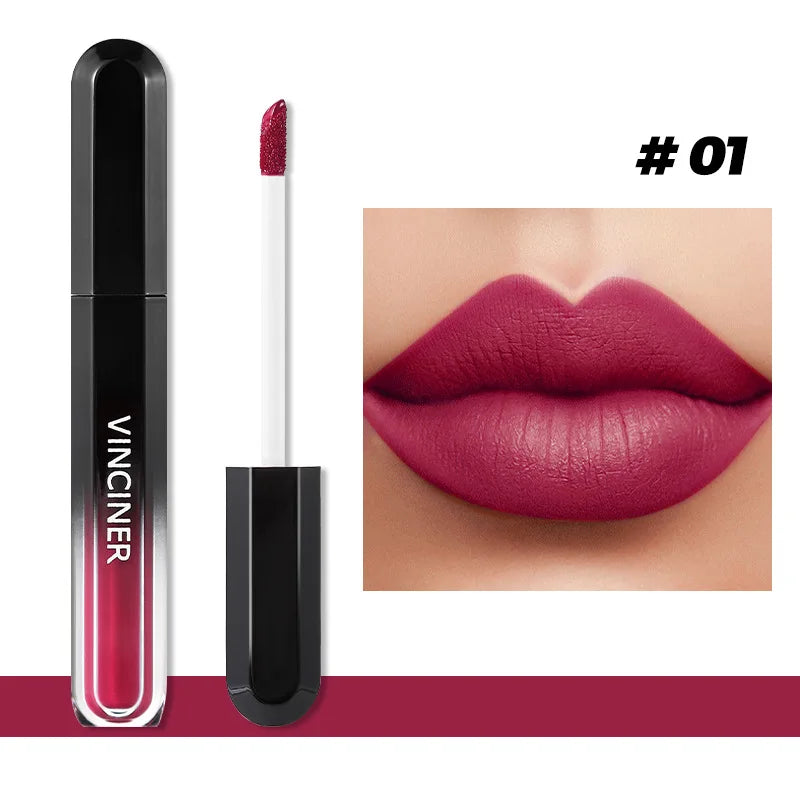 Brillo labial mate con textura aterciopelada, resistente al agua, duradero, no se decolora, fácil de aplicar