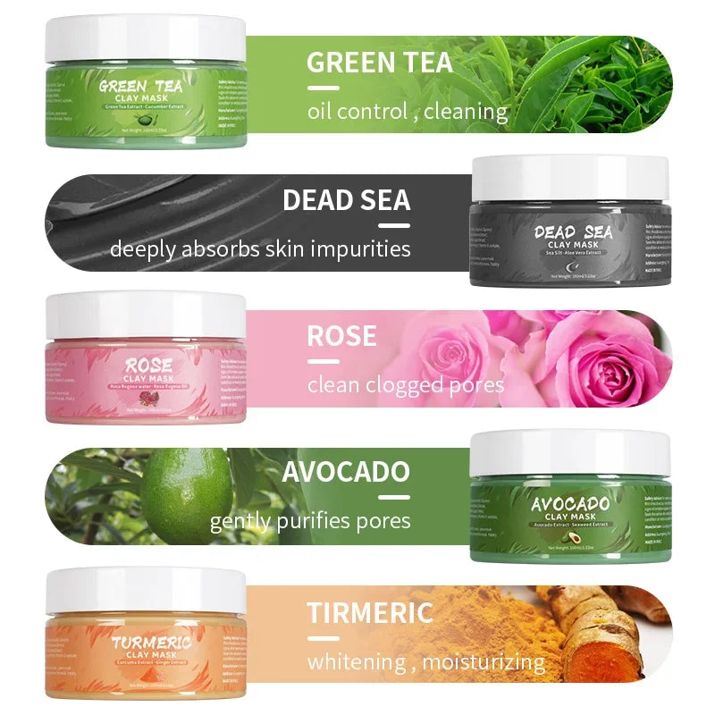 Mascarilla facial de barro con cúrcuma, té verde, rosa y aguacate, hidrata y elimina puntos negros
