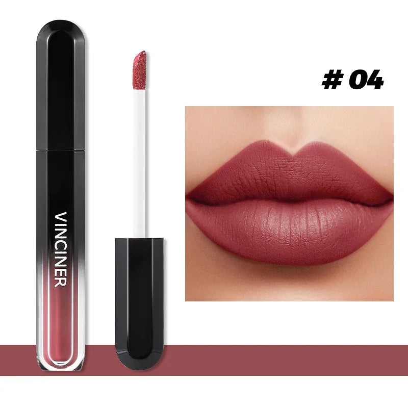 Brillo labial mate con textura aterciopelada, resistente al agua, duradero, no se decolora, fácil de aplicar