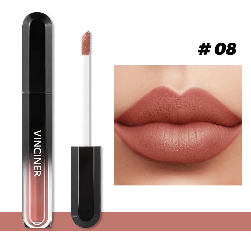 Brillo labial mate con textura aterciopelada, resistente al agua, duradero, no se decolora, fácil de aplicar