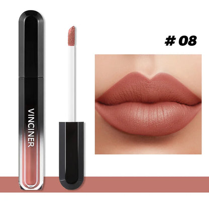 Brillo labial mate con textura aterciopelada, resistente al agua, duradero, no se decolora, fácil de aplicar