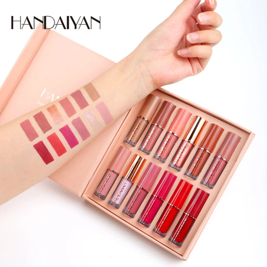 Pintalabios aterciopelado, estuche de 12 colores con brillo labial no pegajoso
